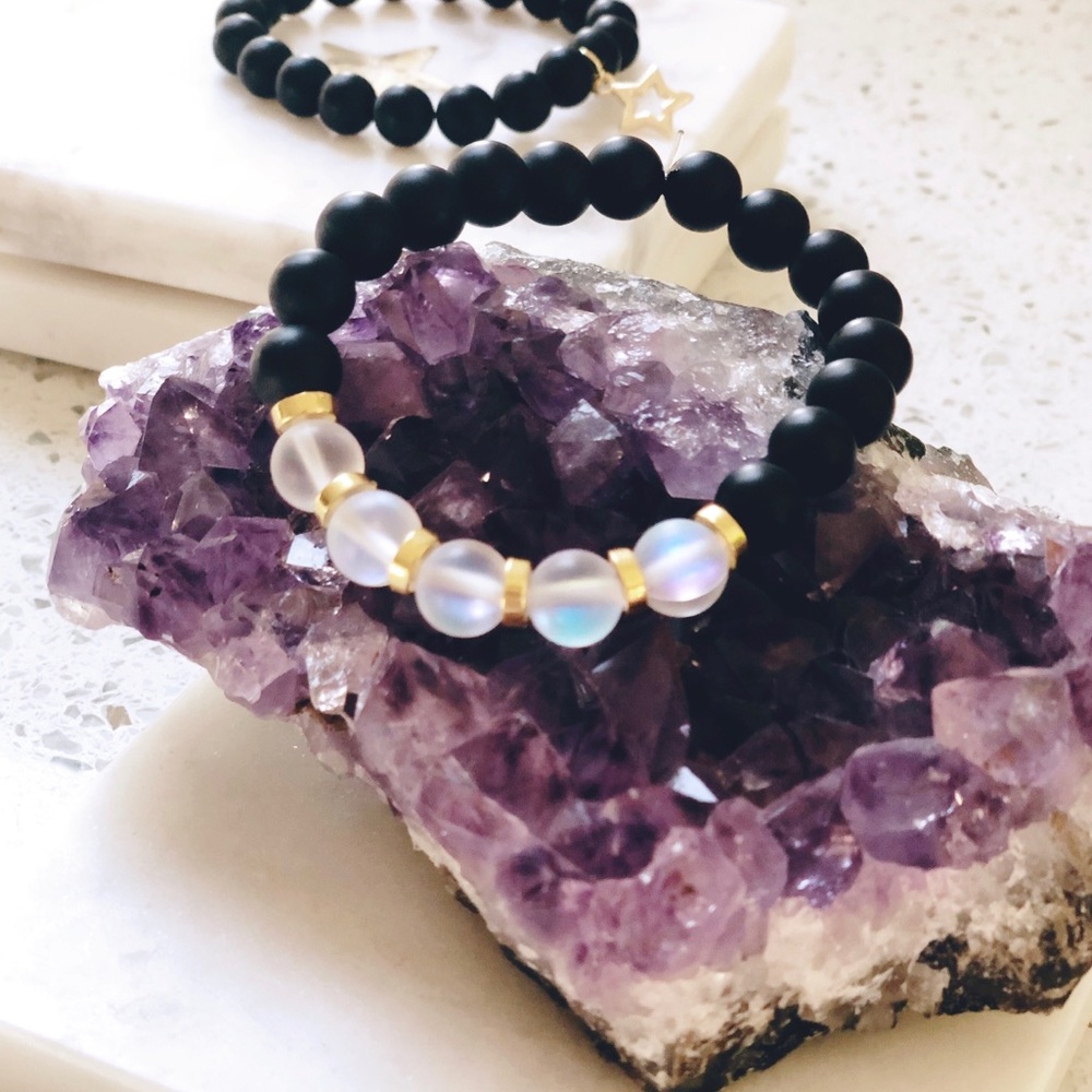 Onyx and Aura Quartz Mala Bracelet 6"